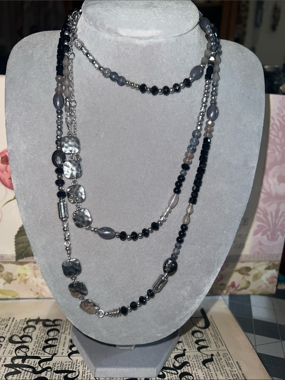 Multi-Strand Black, blue and Gray Beaded Women’s Necklace